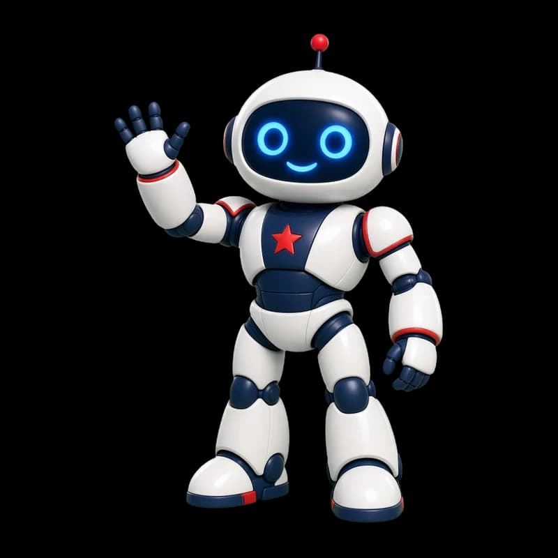 Ace, our friendly white-and-navy robot mascot, waving